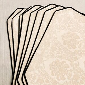 Vintage W-C Designs 1992 Ivory Damask Placemats Set 8 Velvet Trim 13x18